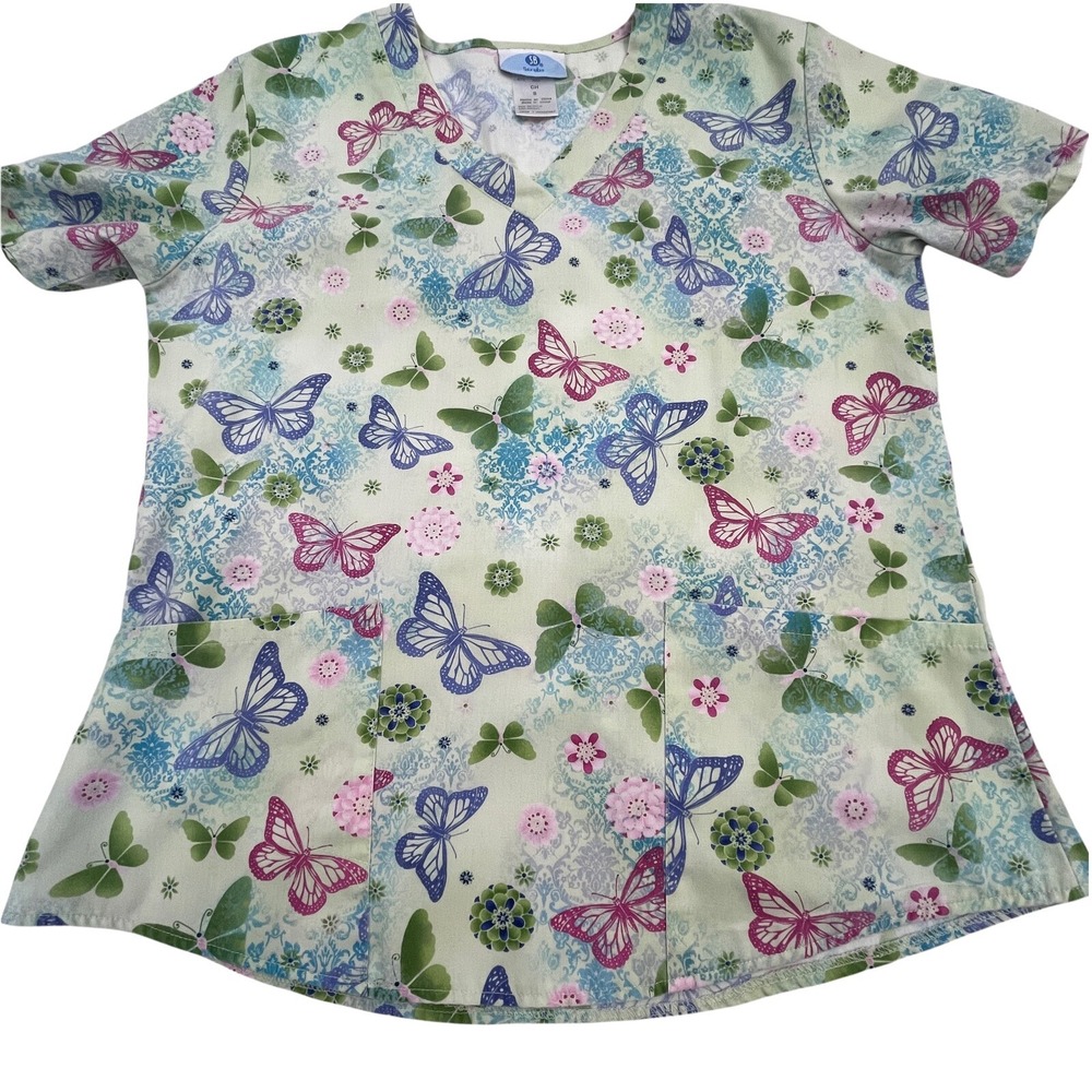 SB Scrubs Womens Top Small Butterfly Patterned Shirt Short Sleeve V-Neck‎ Scrub